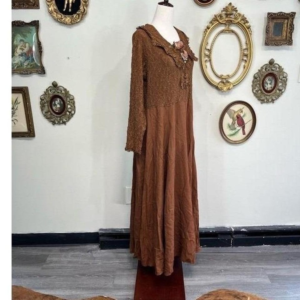 Vintage antique Margot Lea Earth Tone Lace Maxi Dress Cottagecore Brown Boho O/S - Picture 2 of 8